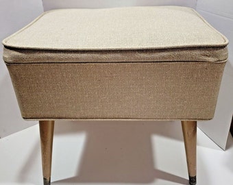 Vintage Beige Vinyl Sewing Seat Hassock Ottoman w/Storage