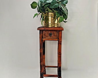 Vintage 24" Tall Burnt Bamboo Plant Stand with Drawer