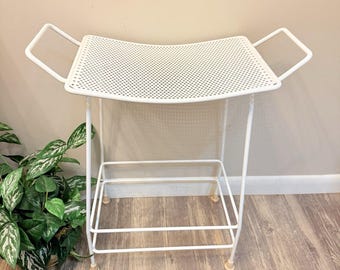 Vintage 1960s Salterini Style Tall White Metal Bench Stool With Perforated Seat