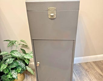 Tall Grey Metal Filling Cabinet, Locking Door With Key, Industrial MCM Storage / Bar Cart