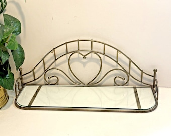 Étagère murale suspendue vintage en laiton, motif coeur parchemin, étagère en verre 19 pouces L
