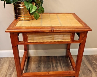Vintage Boho Wood End Accent Table w/Bamboo Panels