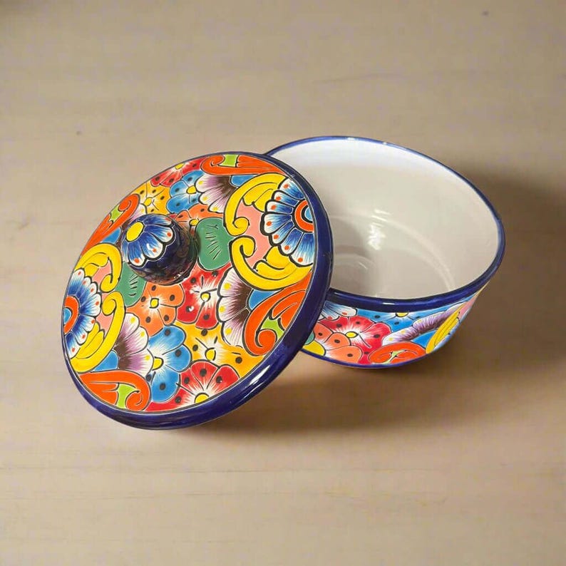 Talavera Tortilla Warmer | Hand-Painted Mexican Ceramic Dish with colorful cobalt rim and floral Talavera pattern, handcrafted in Guanajuato