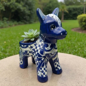 Blue & White Talavera Donkey Planter | Handmade Mexican Art