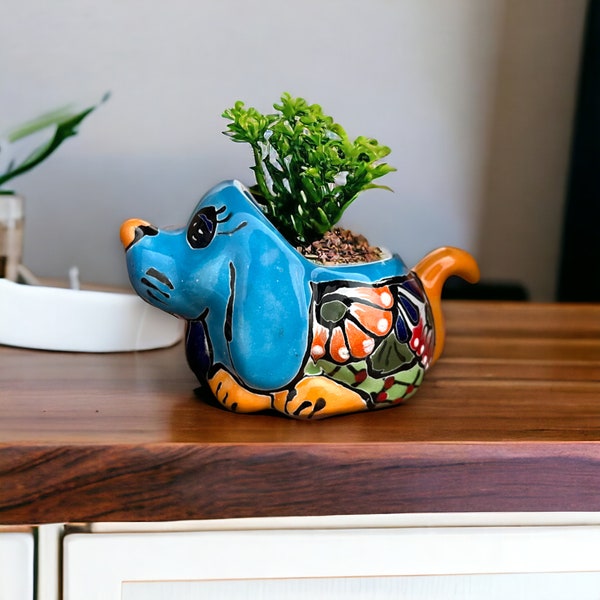 Vibrant Hand-Painted Talavera Dog Planter | Small Mexican Animal Pottery