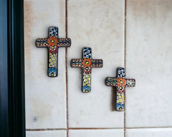 Set of 3 Small Talavera Crosses | Handcrafted Mexican Spiritual Art