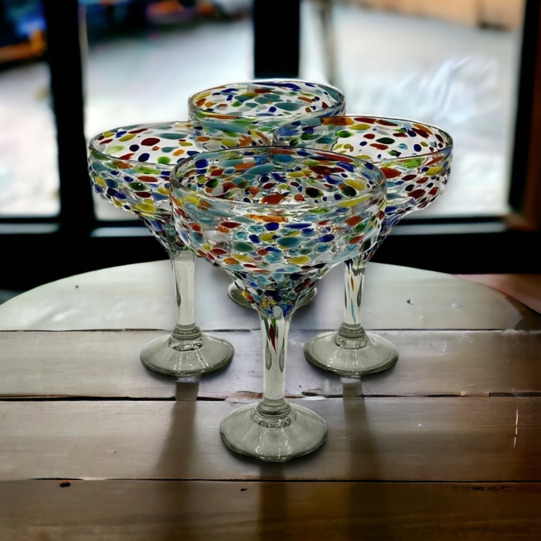 Vibrant Set of 2 Handblown Margarita Glasses Blue Confetti Rock Design 