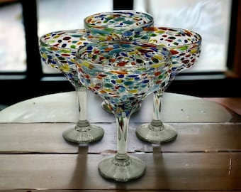 Set of 4 Hand Blown Mexican Margarita Glasses | Colorful Pebbled Confetti Design