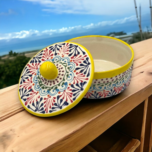 Authentic Handmade Talavera Tortilla Warmer | Vibrant Puebla Mexican Pottery with Yellow Accents