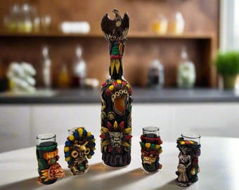 Aztec Warrior Tequila Set | Handmade Mexican Shot Glass & Decanter Set