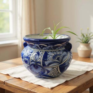 Maceta de Talavera hecha a mano / Maceta azul y blanca