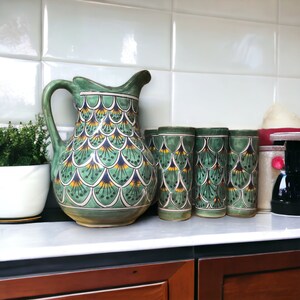 Talavera Peacock Pitcher and 6 Cup Set | Authentic Artisan Crafted Collection