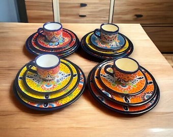 Colorful Handcrafted 16-Piece | Mexican Talavera Dinnerware Set (Seats 4)