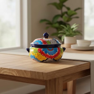 Cazuela de Talavera con tapa / Olla de cerámica mexicana para sopa