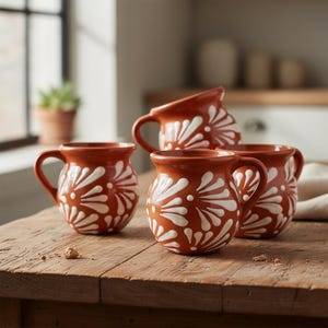 May include: A set of three terracotta-colored ceramic mugs and a matching pitcher, each featuring a hand-painted white floral pattern with repeating petal motifs. The rounded vessels have sturdy side handles and a smooth, glossy finish.