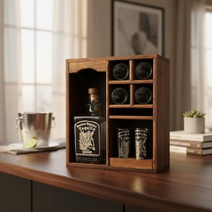 Set composto da decanter e bicchierini da shot per tequila messicana / Espositore rustico in legno