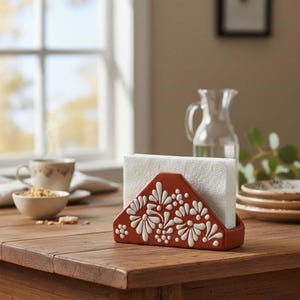 Brown & White Talavera Napkin Holder | Floral Glazed Design