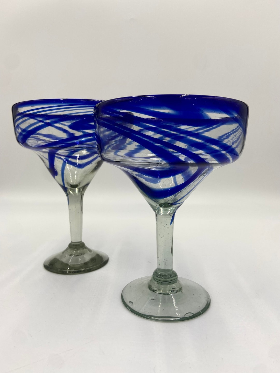 Set of 2 Blue Swirl Margarita Glasses Mexican Hand Blown Etsy