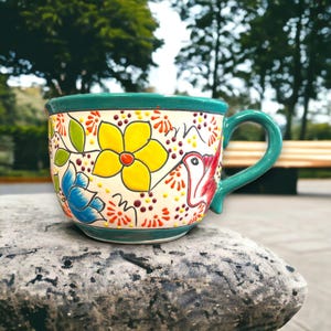 Hand-Painted Talavera Tea Cup Flower Pot | Mexican Planter (8&quot; Wide, 6.5&quot; Tall)