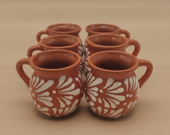 Set of 6 Mexican Clay Jarrito Mugs | Handmade Brown Pottery Cup