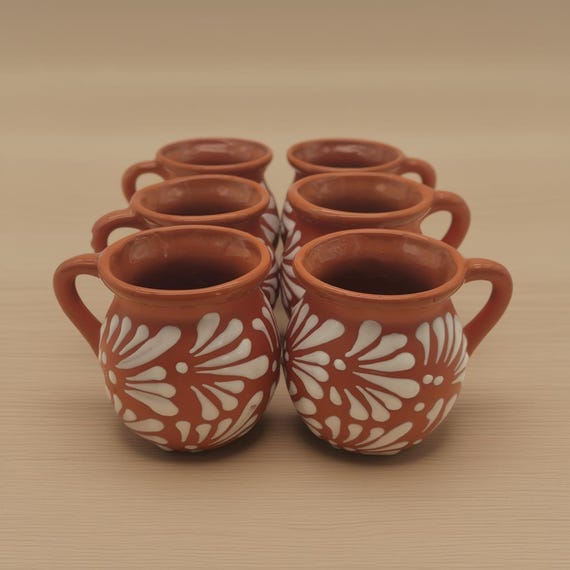 Set mit 6 mexikanischen Ton Jarrito Bechern | Handgemachte Braune Keramik Tasse