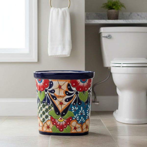 Basurero de Talavera colorido / Contenedor de basura mexicano hecho a mano