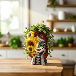 Talavera Sunflower Skull Planter | Handcrafted Day of the Dead Pot
