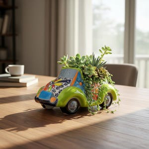 Colorful Hand-Painted Talavera Car Planter | Small Ceramic Car Statue