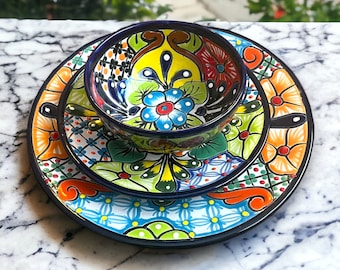 Handmade Mexican Talavera Dinnerware Set | 26-Piece Tableware Collection (Seats 8) Floral Patterns