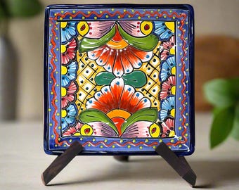 Prato Talavera quadrado de 20 cm | Prato mexicano colorido feito à mão