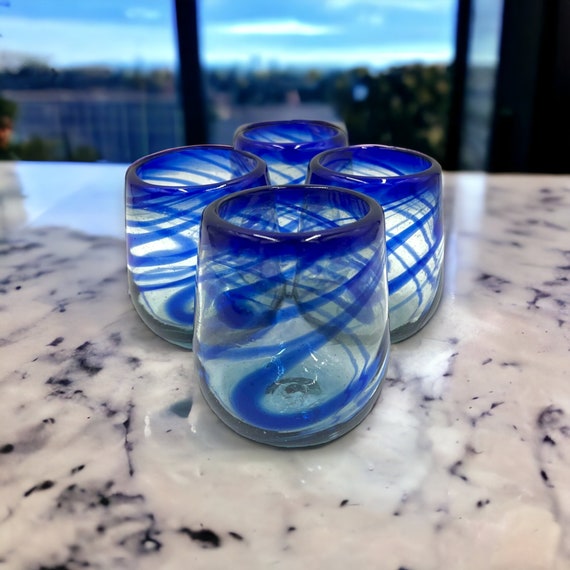 Set of 6 Hand-blown Stemless Wine Glasses Blue Swirl Design 12 Oz