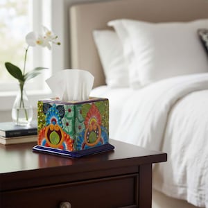 Funda para caja de pañuelos de Talavera / Decoración de baño colorida pintada a mano