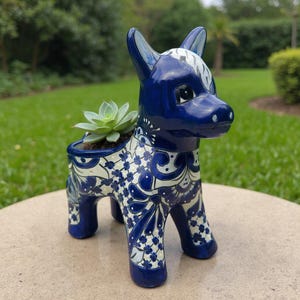 Pot de fleurs âne en faïence de Talavera bleue et blanche | Artisanat mexicain