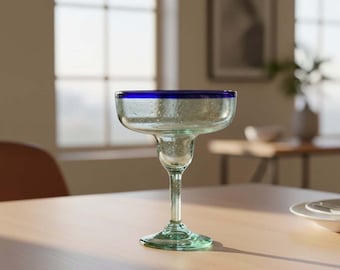 Hand-Blown Mexican Margarita Glass | Classic Cobalt Rim