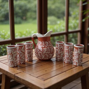 Juego de vasos y tazas de Talavera marrón y blanca / Jarra y tazas artesanales