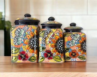 Hand-Painted Mexican Talavera Canister Set | Colorful Terracotta Pottery Trio