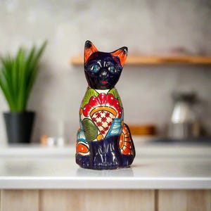 Statue colorée de chat Talavera peinte à la main | Décoration d&#39;art folklorique mexicaine de taille moyenne