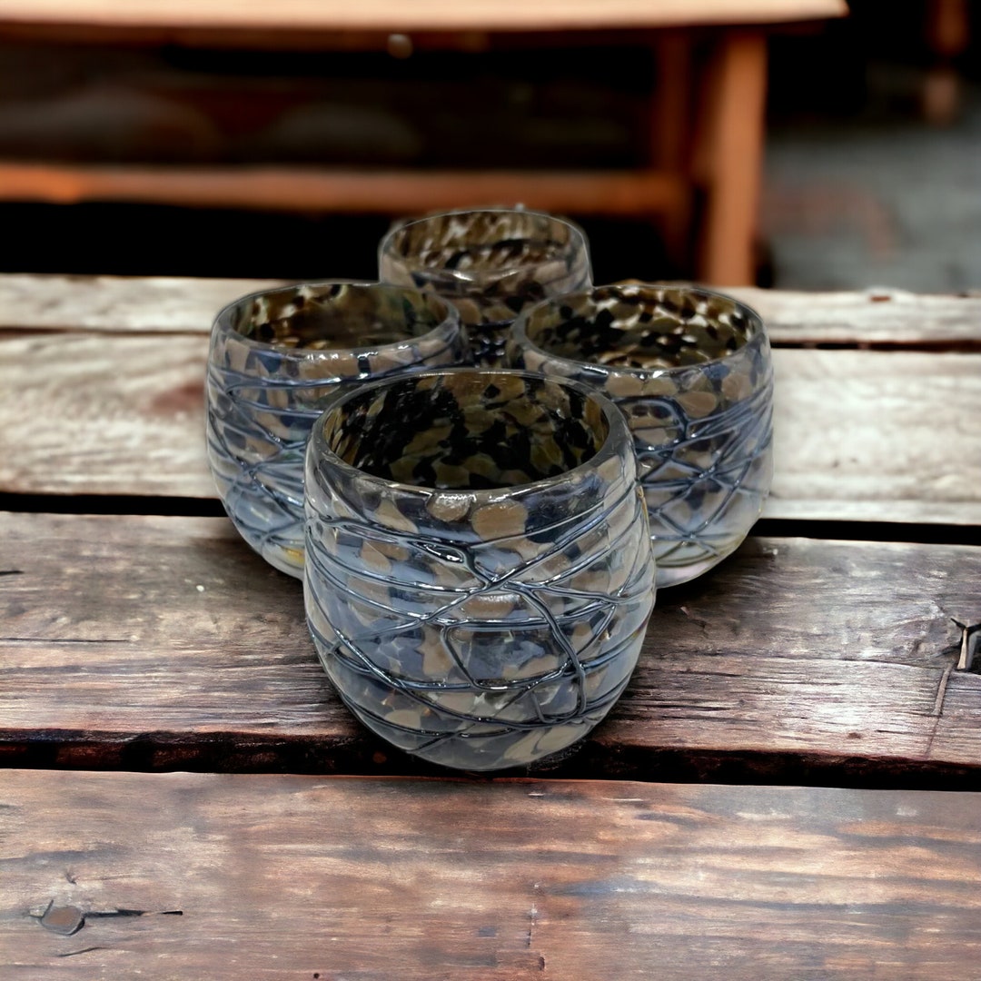 Set of 4 Hand Blown Mexican Stemless Wine Glasses Mocha Mix Glassware