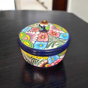 Talavera Tortilla Warmer | Hand-Painted Mexican Ceramic Dish — round hand-painted Talavera ceramic tortilla warmer with cobalt rim and colorful floral pattern