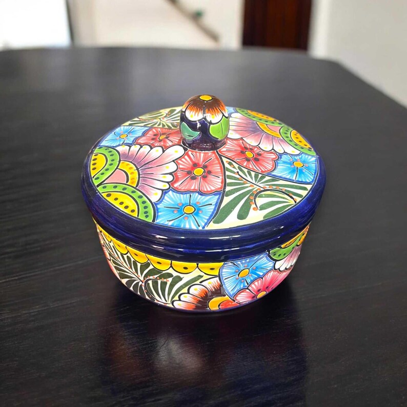 Talavera Tortilla Warmer | Hand-Painted Mexican Ceramic Dish — round hand-painted Talavera ceramic tortilla warmer with cobalt rim and colorful floral pattern
