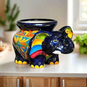 Maceta de Talavera con forma de elefante / Maceta de cerámica mexicana colorida