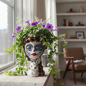 Day of the Dead Lady & Bunny Planter | Hand-Painted Talavera Pot