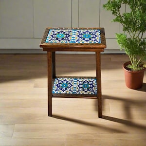Mesita auxiliar de azulejos de Talavera / Muebles auxiliares de madera mexicana hechos a mano