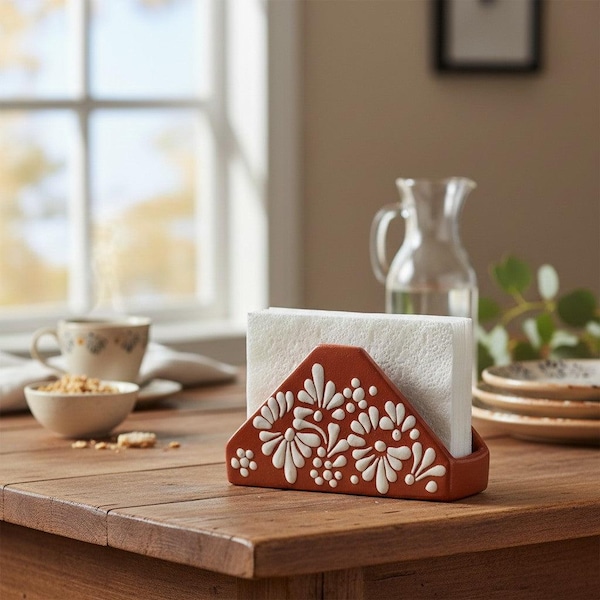 Bruin-witte Talavera servettenhouder | Geglazuurd ontwerp met bloemenmotief
