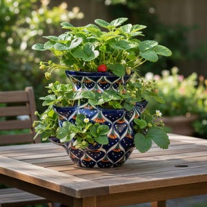Jardinera de fresas de Talavera / Diseño de pavo real azul