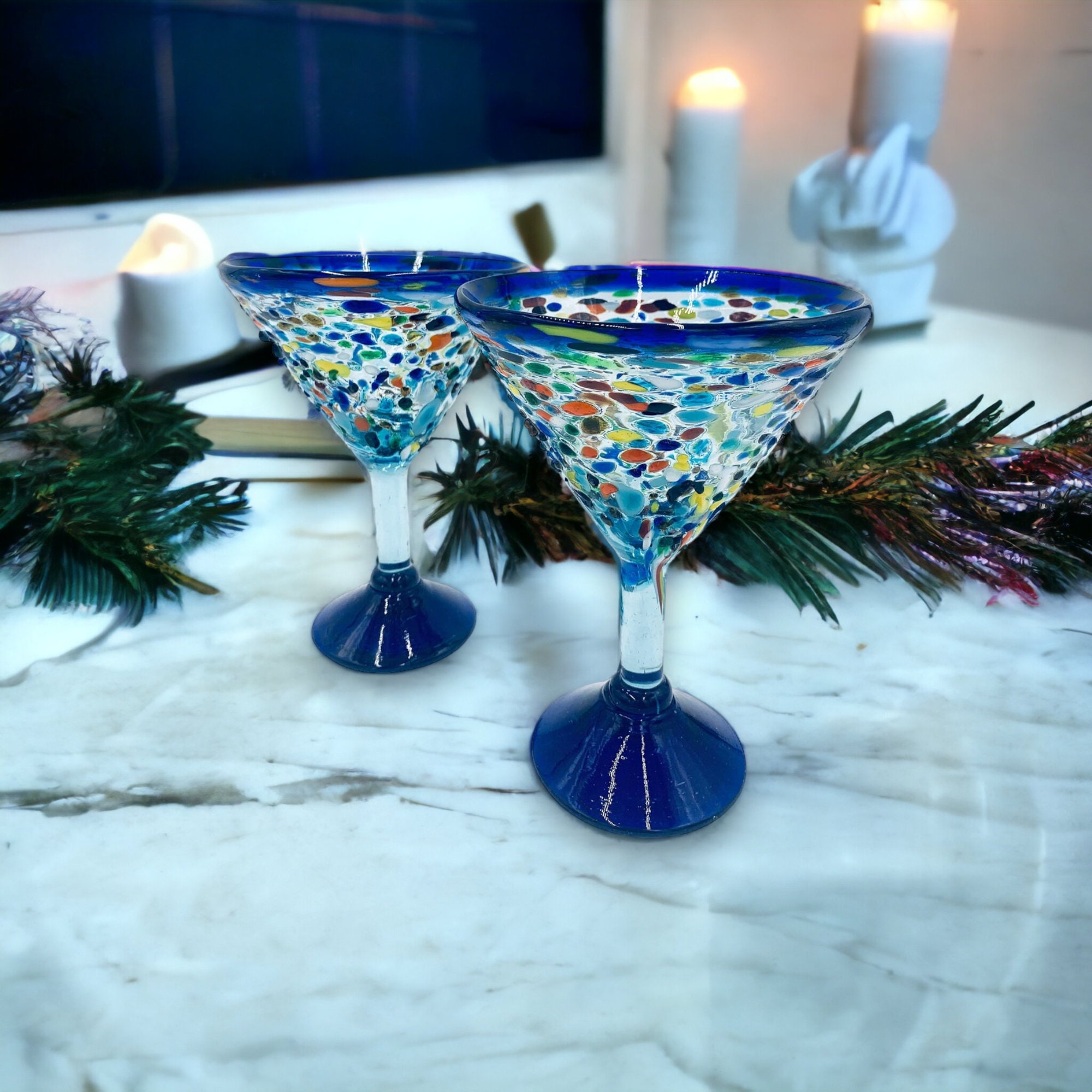 Set of 2 Hand Blown Mexican Margarita Glasses Vibrant Confetti Design 