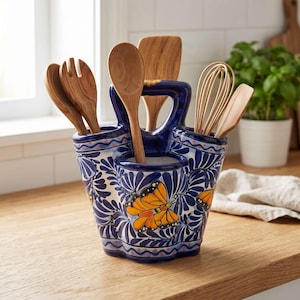 Talavera Utensil Holder | Blue & White Butterfly Design