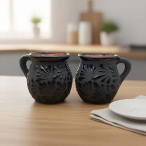 May include: Two rounded black ceramic mugs featuring a glossy embossed floral pattern on the exterior and a smooth terracotta-colored interior. Each mug has a sturdy side handle and a wide rim, showcasing a dark matte finish with shiny details.