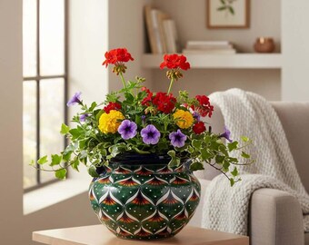 Vibrant Talavera Flower Pot | Green Peacock Design