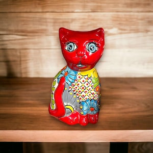 Statue de chat Talavera peinte à la main | Art populaire mexicain moyen